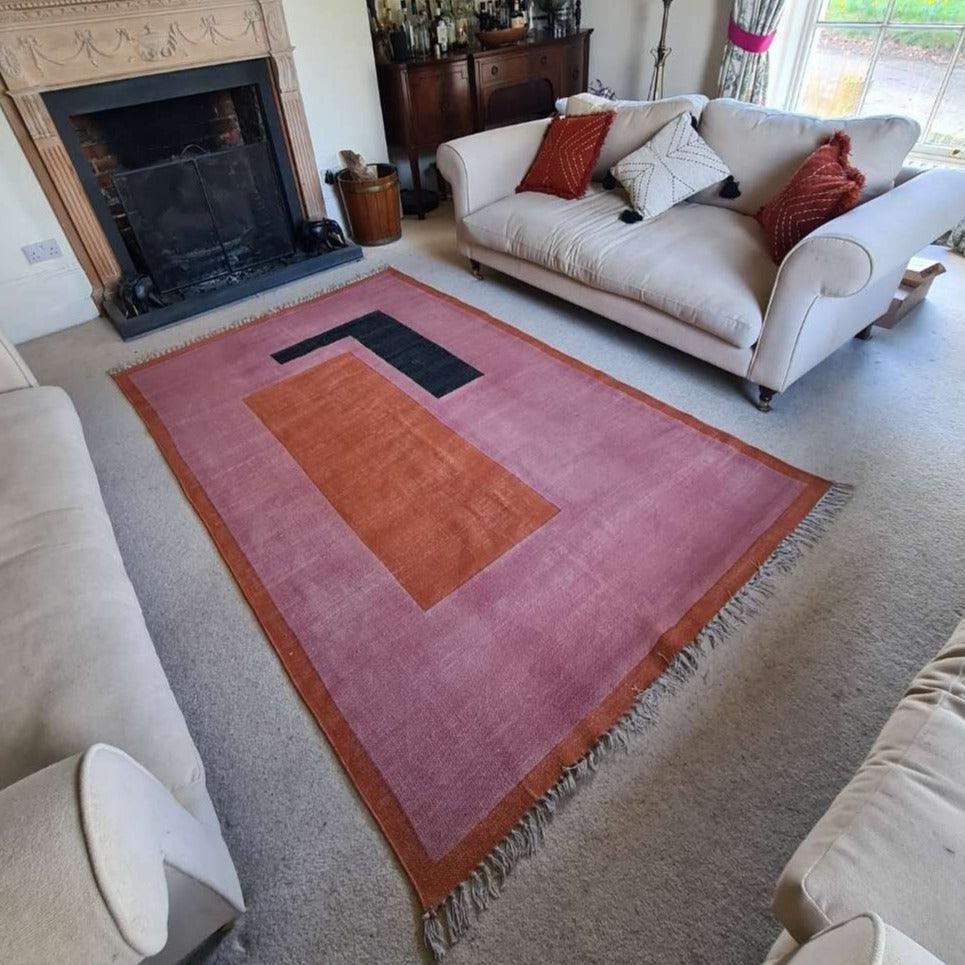 Blocks - 5ft by 8ft - Handpainted 100% Cotton Woven Rug - Extra Large - Peach and Orange - Considered.Store