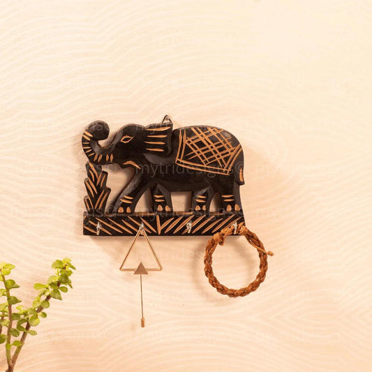 Hand Carved Wooden Elephant Hook Display - Unique Wall Hanging Ornament - Considered Store - 1