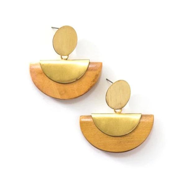 Geometric Recycled Brass and Wood Half Moon Studs - Fair Trade Jewellery - Considered Store - 1