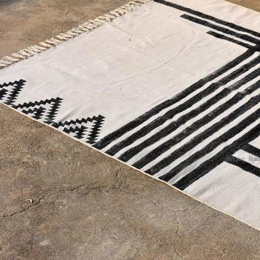 Abstract Lines  - Black and White Monochrome  - Hand Woven Cotton Rug - Considered Store  - 1