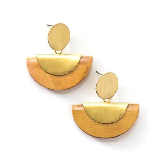 Geometric Recycled Brass and Wood Half Moon Studs - Fair Trade Jewellery - Considered Store  - 1